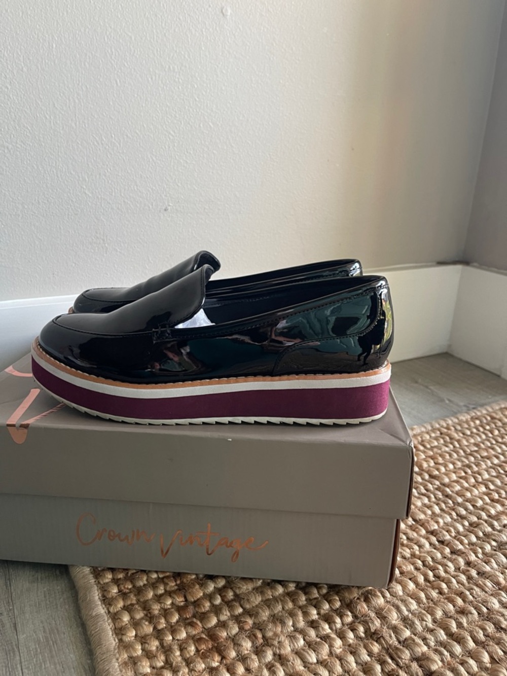 Crown Vintage Black Patent Loafers with Maroon Platform